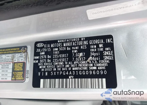 2016 Kia Sorento 2.4L L из США, поврежденный, VIN 5XYPG4A31GG096090